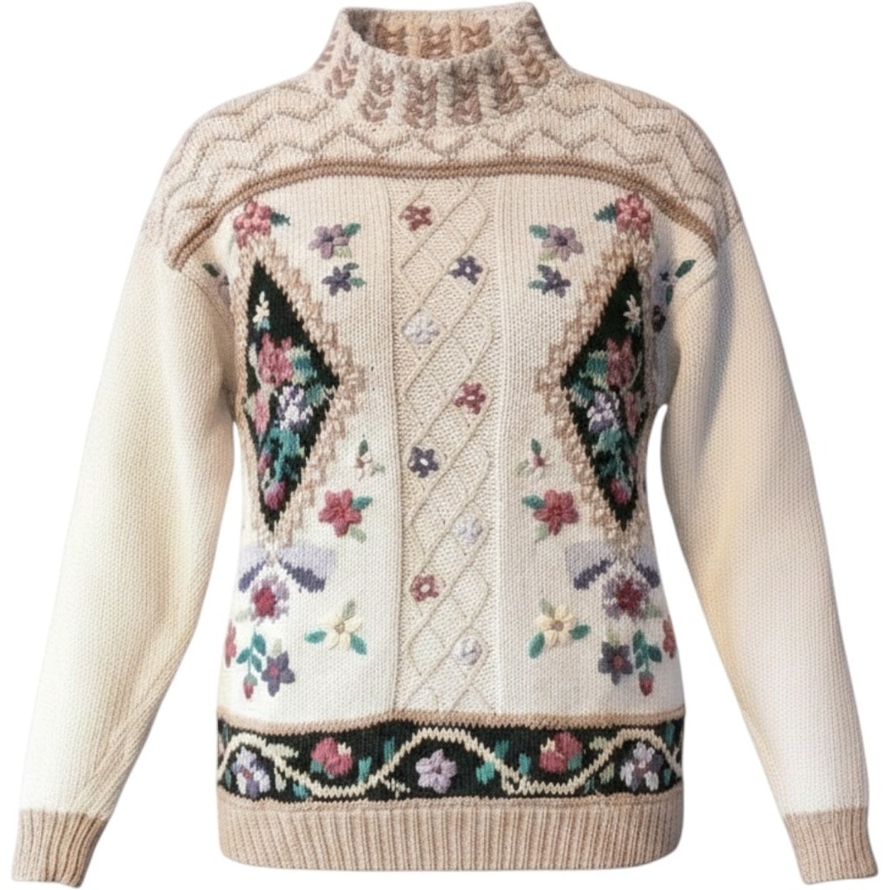 Large Beldoch Popper Women Hand Knit Floral Pullover Y2K Mock 3-D Sweater‎